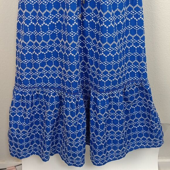 O.p.t Women Blue / White Tiered Maxi dress with V Neckline and Flutter Sleeves L - Picture 6 of 16